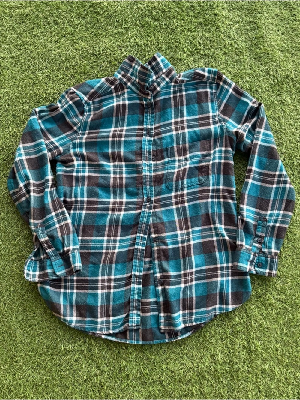 American Eagle Teal Plaid Flannel Button Up Shirt